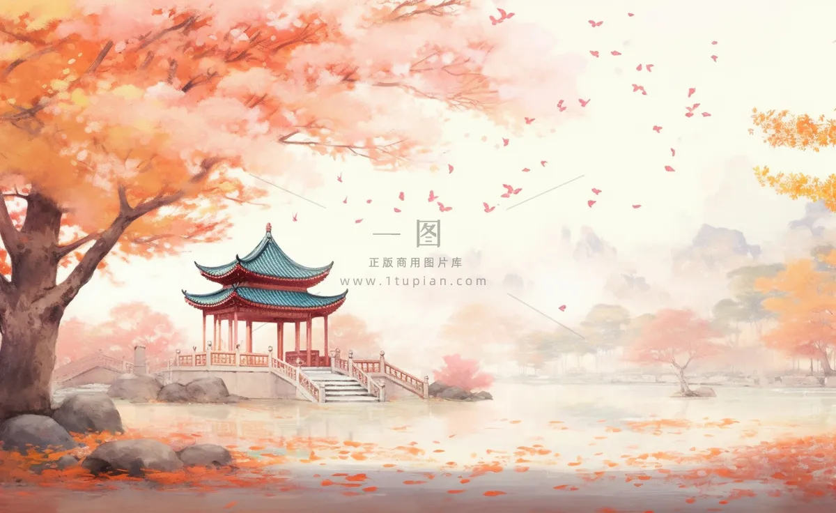 秋季枫叶晚亭山水湖面倒影美景中国风水墨画插画背景