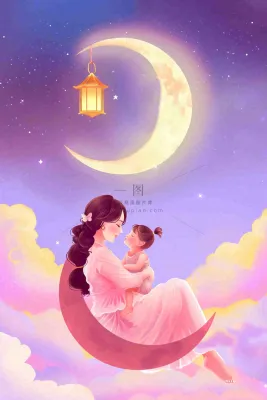 妈妈抱着孩子母亲节创意插画月亮睡眠晚安背景