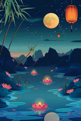 月圆之夜湖面莲花灯祈福星空中秋中元节插画背景