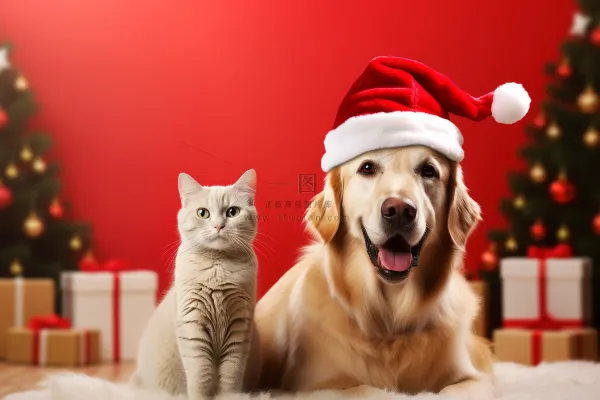戴着圣诞帽的狗猫金毛红色背景圣诞摄影图