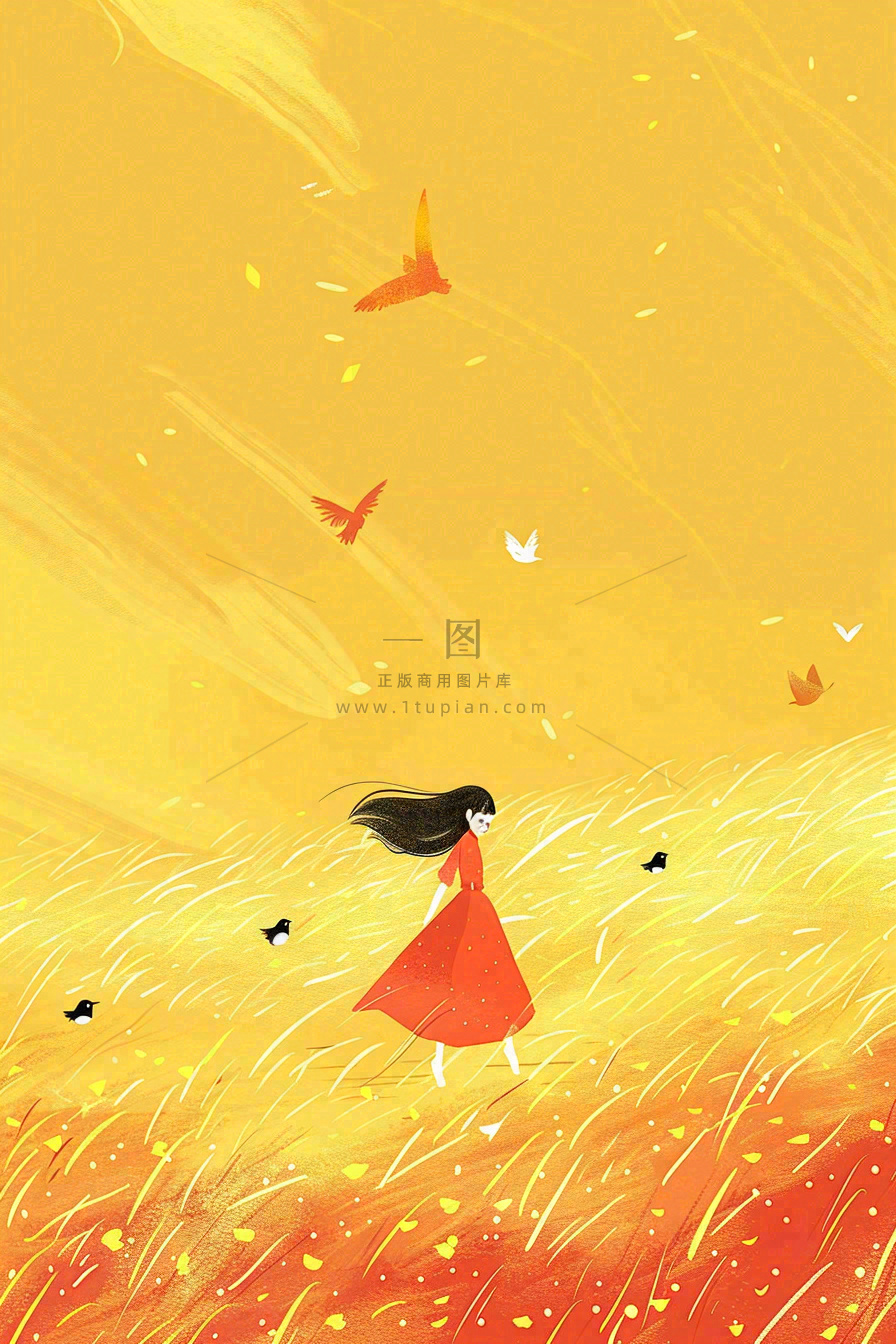 秋天金黄背景花丛红裙子少女白鹭立秋秋分白露插画背景