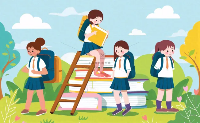 学生们在书本知识里学习阅读遨游阶梯世界读书日卡通插画背景