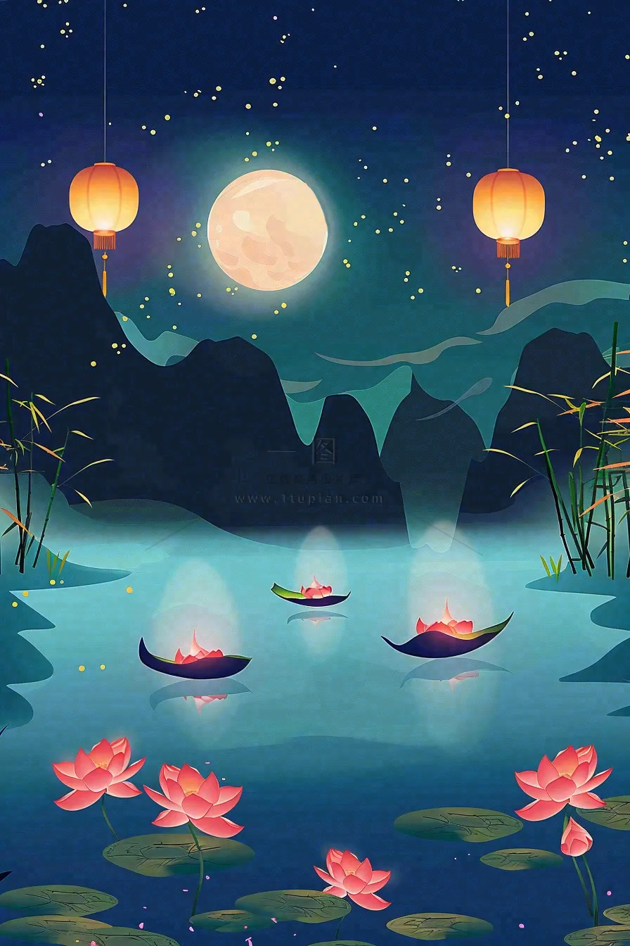 月圆之夜湖面莲花灯祈福星空中秋中元节插画背景