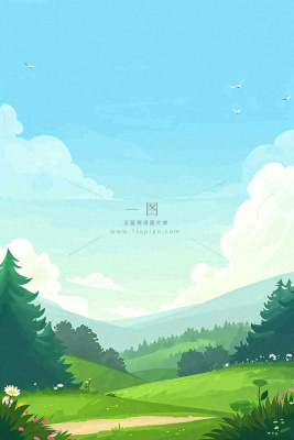 春天郊外旅行蓝天白云清新草地手绘,春分 春天郊外旅行蓝天白云清新草地手绘,春分