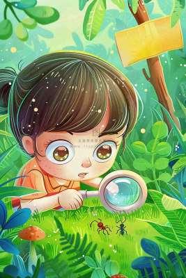 儿童学生森林冒险放大镜观察蚂蚁户外探险儿童节卡通插画背景 儿童学生森林冒险放大镜观察蚂蚁户外探险儿童节卡通插画背景