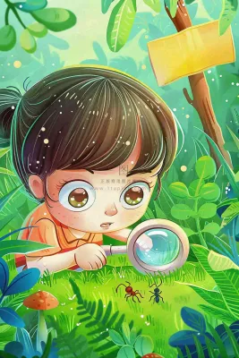儿童学生森林冒险放大镜观察蚂蚁户外探险儿童节卡通插画背景 儿童学生森林冒险放大镜观察蚂蚁户外探险儿童节卡通插画背景