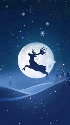 夜晚蓝色星空下的月亮麋鹿跃起平安夜插画背景