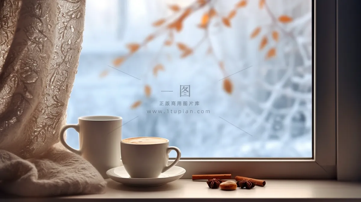 冬日窗外的雪景和窗台的咖啡摄影图
