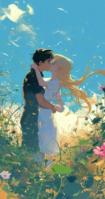 蓝天白云下情侣拥抱亲吻爱情，鲜花小草，情清新人节