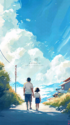 蓝天白云下父亲牵着手,父爱背影亲情伟大感恩 蓝天白云下父亲牵着手,父爱背影亲情伟大感恩