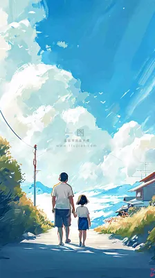 蓝天白云下父亲牵着手,父爱背影亲情伟大感恩 蓝天白云下父亲牵着手,父爱背影亲情伟大感恩