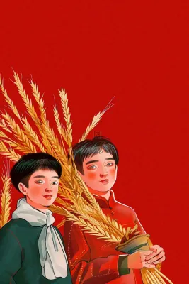 红色复古插画粮食收成农民工劳动节卡通插画背景
