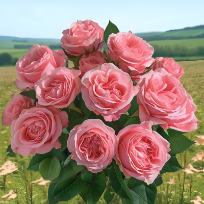 一束粉红色的玫瑰在郁郁葱葱的绿色田野上的数字渲染像素浪漫主义玫瑰背景美丽的背景玫瑰背景