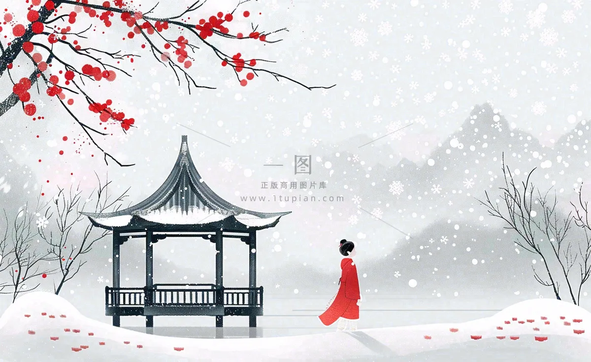 古风冬天雪景红衣女孩梅花雪地里的凉亭大雪小雪冬至中国风插画背景