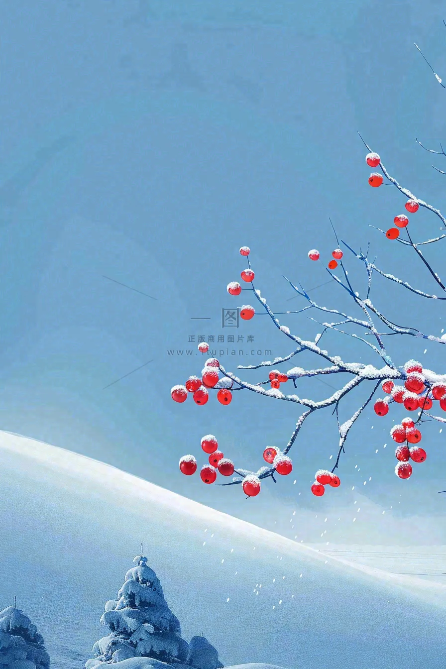 冬天雪山白霜红色果实覆盆子霜降寒露背景