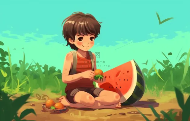 土地上吃西瓜的少年背景