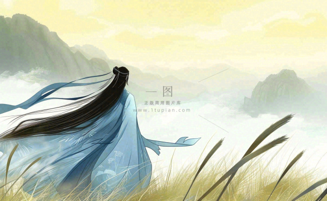 古风小清新手绘白露插画山下芦苇与古装男仙侠插画背景