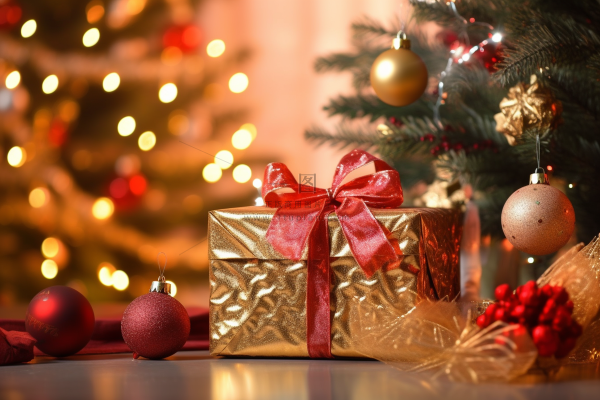 金色圣诞礼盒装饰节日摄影图