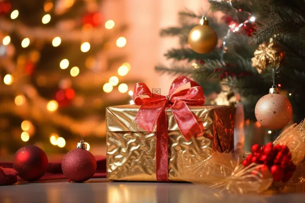 金色圣诞礼盒装饰节日摄影图