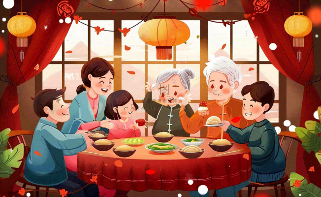 新年春节除夕夜一家人团圆饭节日团聚温馨温暖卡通插画背景