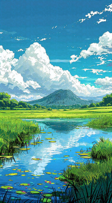 春天阳光灿烂远处的高山和田野春意盎然手绘卡通画