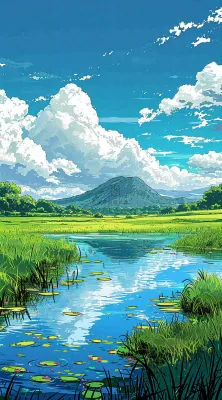 春天阳光灿烂远处的高山和田野春意盎然手绘卡通画