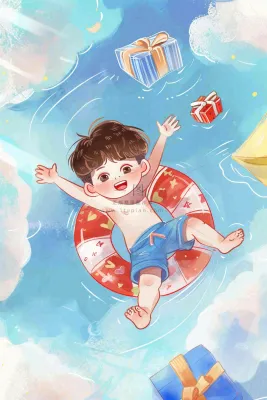 游泳池躺着游泳圈上的儿童创意儿童节卡通插画背景 游泳池躺着游泳圈上的儿童创意儿童节卡通插画背景