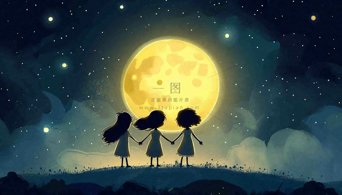 中秋满月小孩手拉手赏月治愈梦幻唯美月亮夜晚水彩插画背景