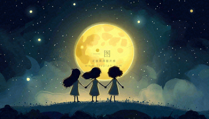 中秋满月小孩手拉手赏月治愈梦幻唯美月亮夜晚水彩插画背景 中秋满月小孩手拉手赏月治愈梦幻唯美月亮夜晚水彩插画背景