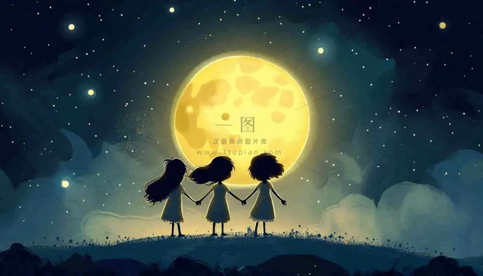 中秋满月小孩手拉手赏月治愈梦幻唯美月亮夜晚水彩插画背景 中秋满月小孩手拉手赏月治愈梦幻唯美月亮夜晚水彩插画背景