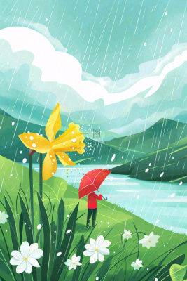 春天梅雨季红衣服人物插画花朵花丛绿草坪雨水谷雨春分插画卡通背景