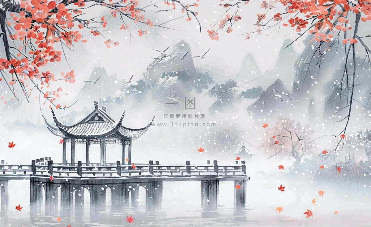 冬天雪景梅花水中凉亭雪花飘落冬至立冬古风小雪大雪手绘水墨国画插画背景