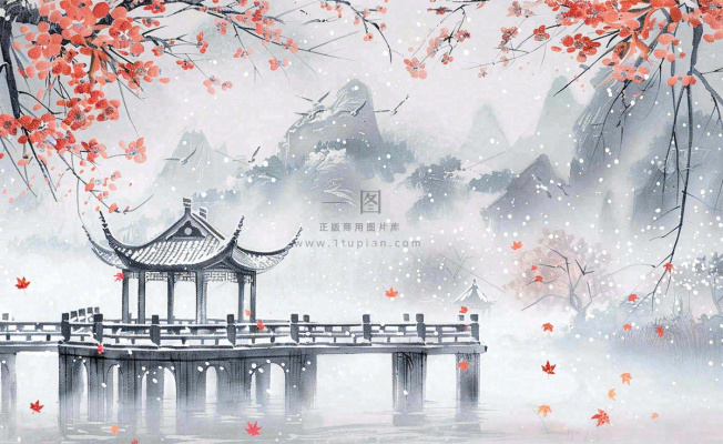 冬天雪景梅花水中凉亭雪花飘落冬至立冬古风小雪大雪手绘水墨国画插画背景 冬天雪景梅花水中凉亭雪花飘落冬至立冬古风小雪大雪手绘水墨国画插画背景