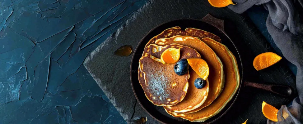 美食简约烤饼蛋糕，巧克力水果橙子摄影图