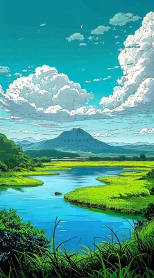 春天阳光灿烂远处的高山和田野春意盎然手绘卡通画