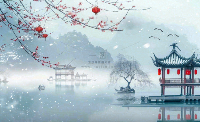 冬天雪景江南风景梅花枝头凉亭红灯笼寒露小雪冬至立冬卡通插画背景 冬天雪景江南风景梅花枝头凉亭红灯笼寒露小雪冬至立冬卡通插画背景