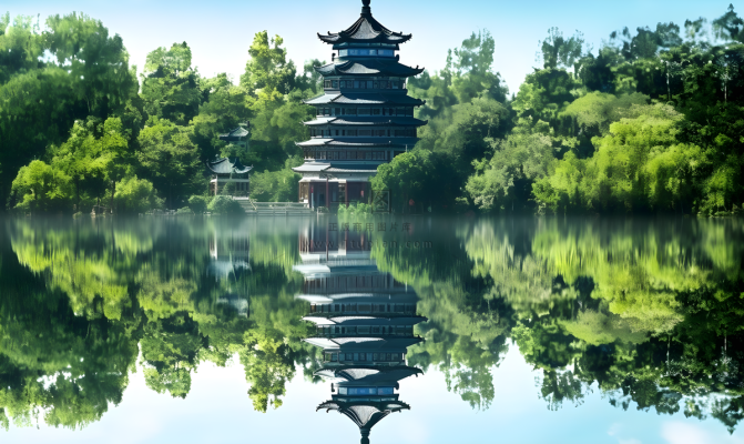 倒影水中的宝塔背后的树木山景风格摄影图