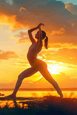 落日海边户外瑜伽健身运动训练，身心健康静心调理摄影图