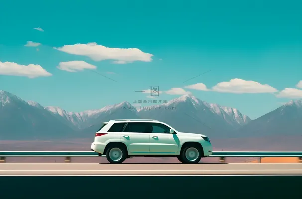 白色汽车在高速公路上行驶旁边是远处的雪山摄影图