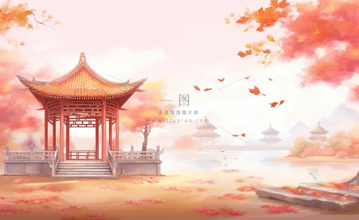 秋季枫叶晚亭山水湖面倒影美景中国风水墨画插画背景