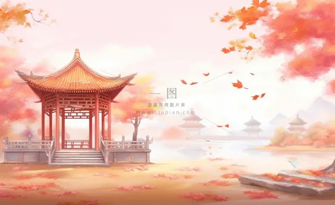 秋季枫叶晚亭山水湖面倒影美景中国风水墨画插画背景 秋季枫叶晚亭山水湖面倒影美景中国风水墨画插画背景