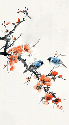秋天凄冷树枝鸟儿花国风插画立秋白露寒露秋分背景 秋天凄冷树枝鸟儿花国风插画立秋白露寒露秋分背景