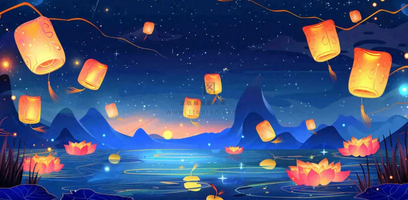 湖面花灯孔明灯风景夜晚荷花灯许愿灯放天灯中国风古风中元节寒衣节插画背景 湖面花灯孔明灯风景夜晚荷花灯许愿灯放天灯中国风古风中元节寒衣节插画背景