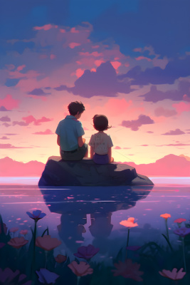 长辈父亲和孩子坐着看落日晚霞浪漫背景