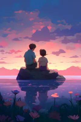 长辈父亲和孩子坐着看落日晚霞浪漫背景