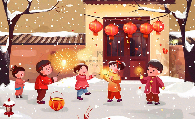 卡通新年除夕夜孩童放烟花鞭炮团聚喜庆春节插画过年背景