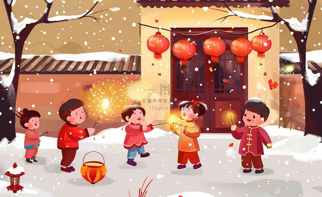 卡通新年除夕夜孩童放烟花鞭炮团聚喜庆春节插画过年背景 卡通新年除夕夜孩童放烟花鞭炮团聚喜庆春节插画过年背景
