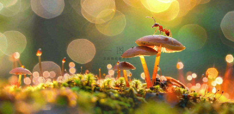 阳光下的蚂蚁蘑菇菌类阳光春天惊蛰春分摄影图