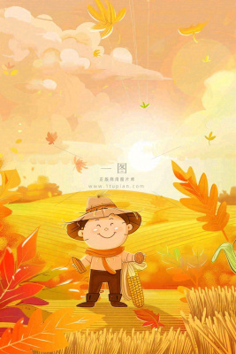 秋天金黄的农田小麦稻谷稻草人落日秋收立秋处暑秋分卡通插画背景 秋天金黄的农田小麦稻谷稻草人落日秋收立秋处暑秋分卡通插画背景