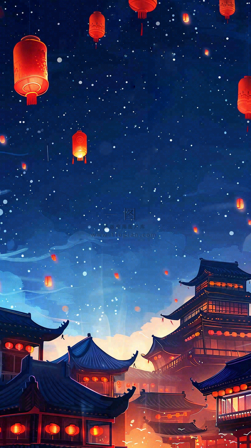 夜晚点灯孔明灯祈福中元节寒衣节插画背景